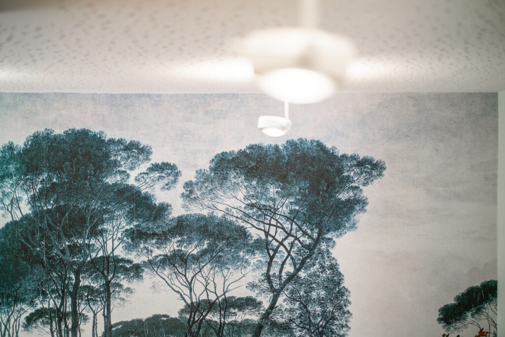 Fototape in der Praxis mit Illustration von Bäumen. Eine Deckenlampe ist unscharf im Vordergrund zu erkennen.
